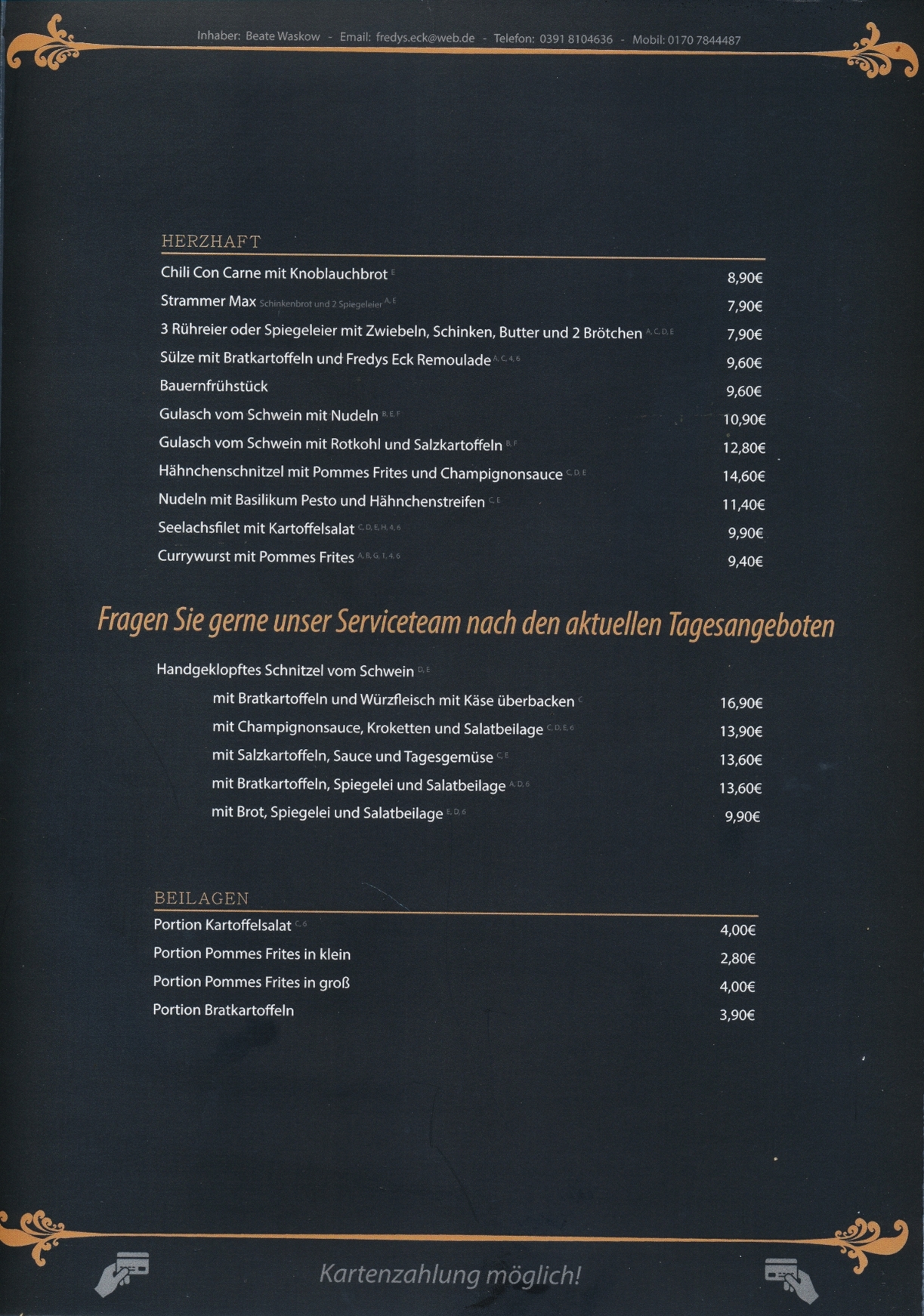 Fredys Eck Speisekarte Getränkekarte